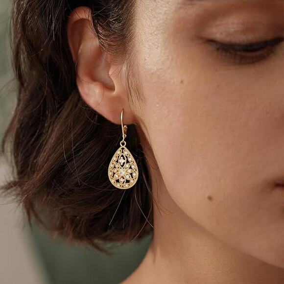 14K Dainty Gold Dangle Earrings Trendy Hypoallergenic for Women - Picture 3 of 5